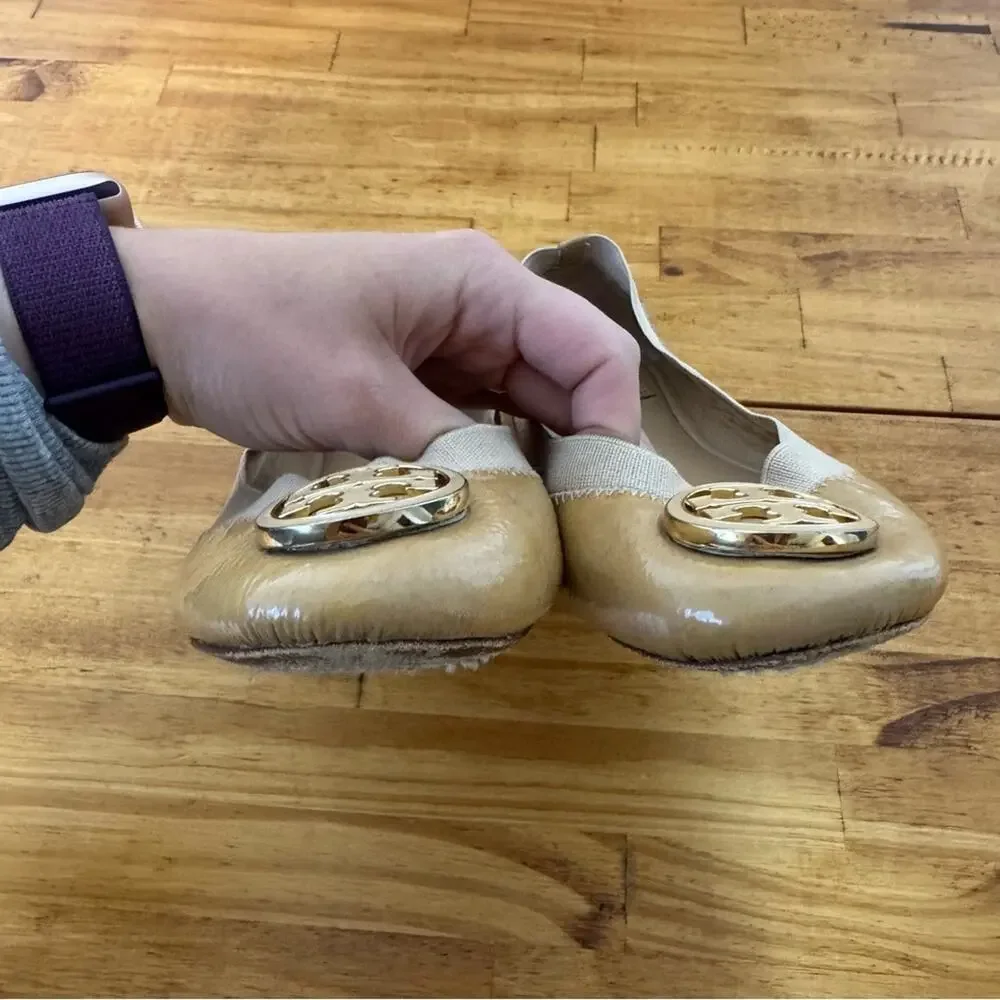 Tory Burch Tan Caroline Nude Ballet Leather Logo Flats Size 7.5
